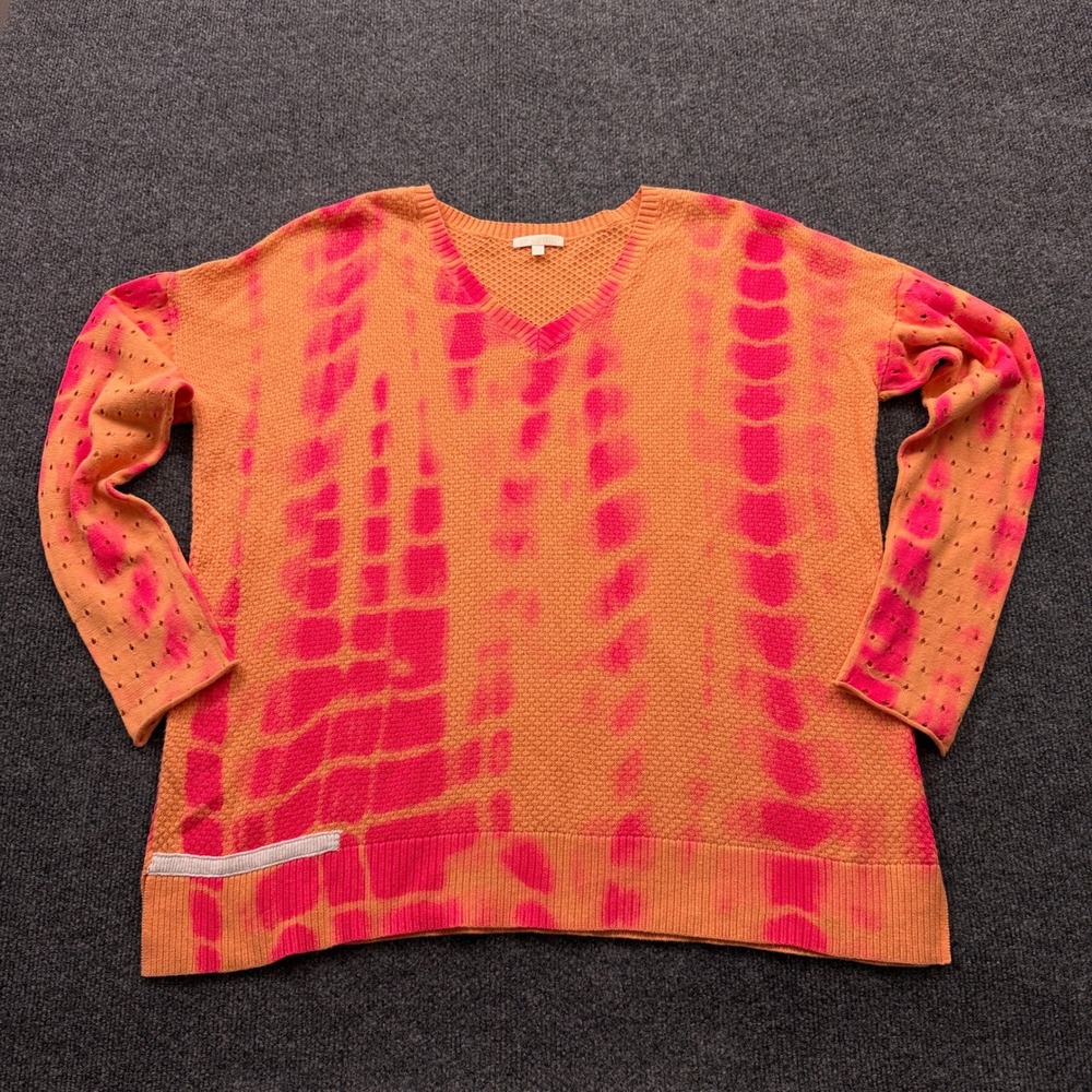 Lisa Todd Tie Dye V-Neck Sweater Womens PL Orange Pink Cotton Boho Dopamine